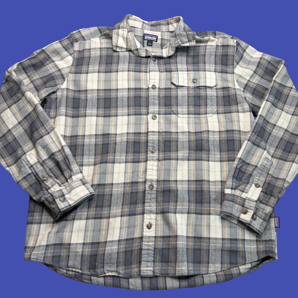 Patagonia Flannel Shirt Large Mens Gray Beige Plaid Organic Cotton Outdoor